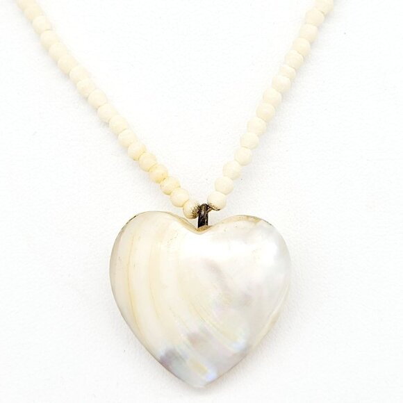 Vintage Puffed Heart Mother Of Pearl Natural Shell Necklace Bone Beads Unique - Picture 11 of 12